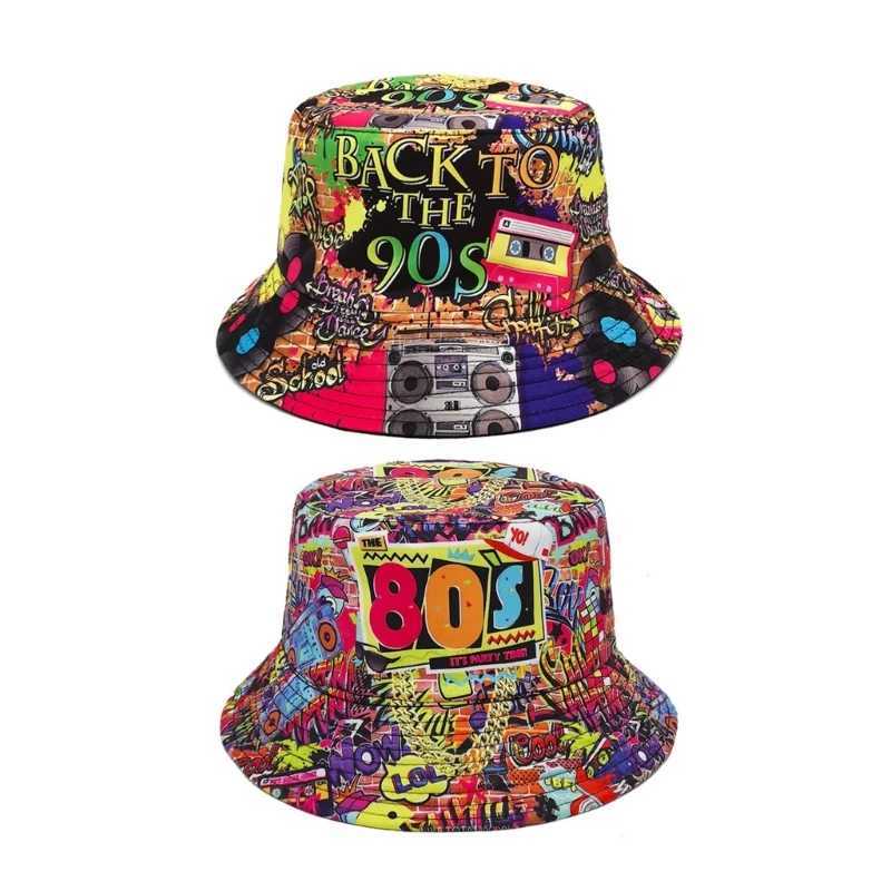 80s 90s Vintage Fishing Hat for Women Men Breathable Colorful Print Cap Sun Protective Hat Double-side Hiphop Bucket HatX241025