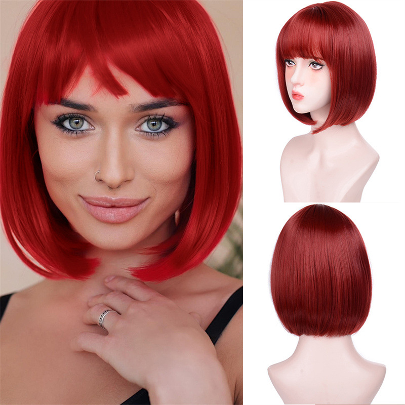 Wig for women black bangs short straight BOBO synthetic fiber wig full headpiece