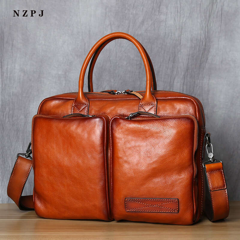 Retro Briefcase Top Layer Leather Handbag Casual Shoulder Messenger Business Laptop Trendy Men's Bag NZPJ