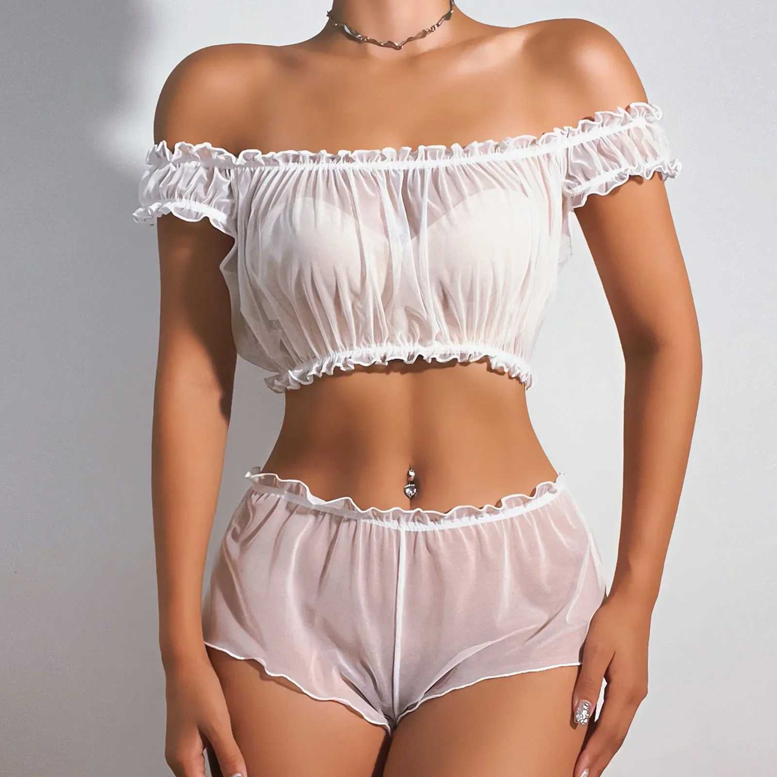 Sexy Set White Transperant Lingerie Set Women Mesh Net Sexi Lenceria Sensual Sexy Off Shoulder Bra and Panties Set Erotic Underwear Sets z241025