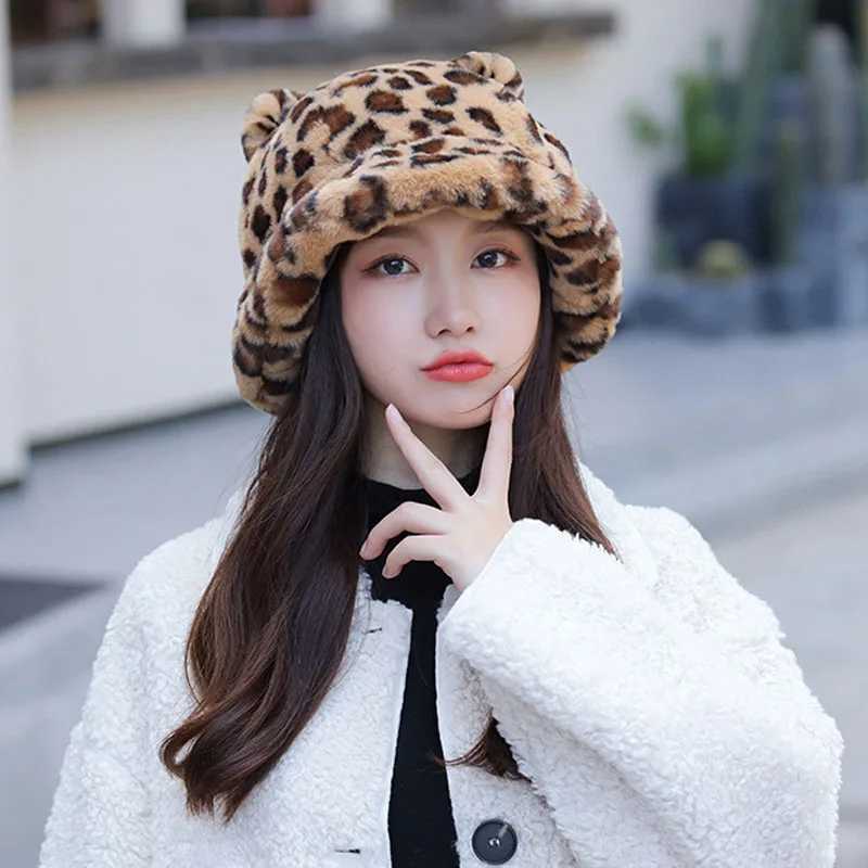 Winter Fashion Cute Leopard Bear Ear Bucket Hat For Women Thick Warm Faux Fur Furly Fisherman Cap Outdoor Protection Soft PanamaX241025