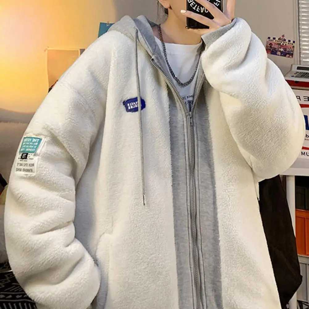 Imitation Lambswool Hoodie Thickened Hoodie Winter Hoodie Sweater Jacket with Zipper Drawstring Pocket Couple Color Lock W241024