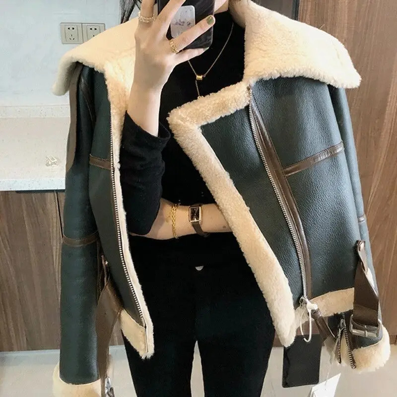 Winter Womens Green Splicing Work Big Collar Motorcycle Jacket Thick Short Wool Coat 241024