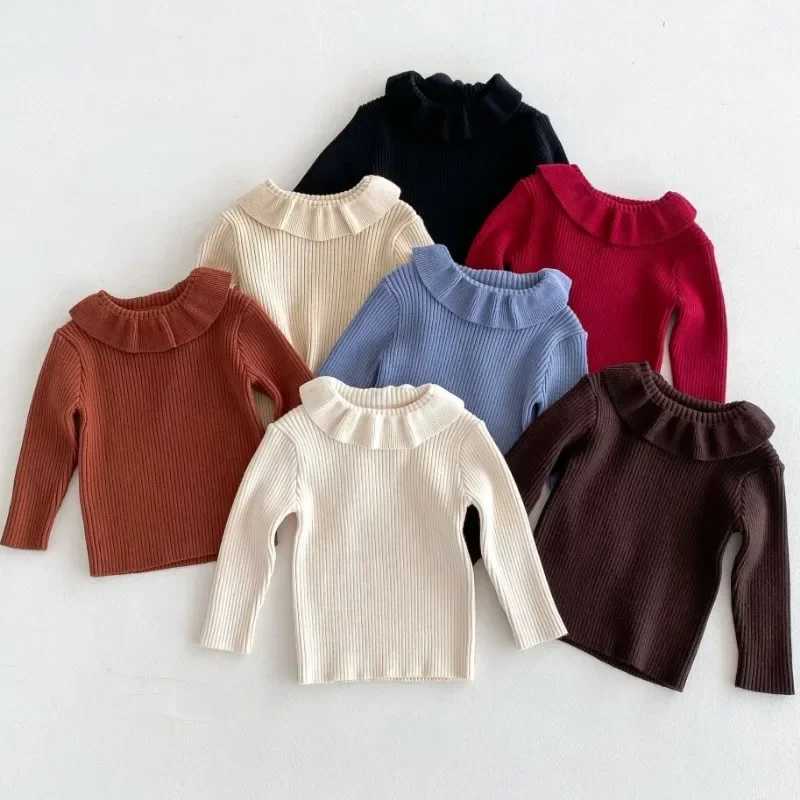 Girls winter long sleeved sweater childrens pleated turtle neck solid latte flower baby knitted bottom warm sweater childrens top W241025