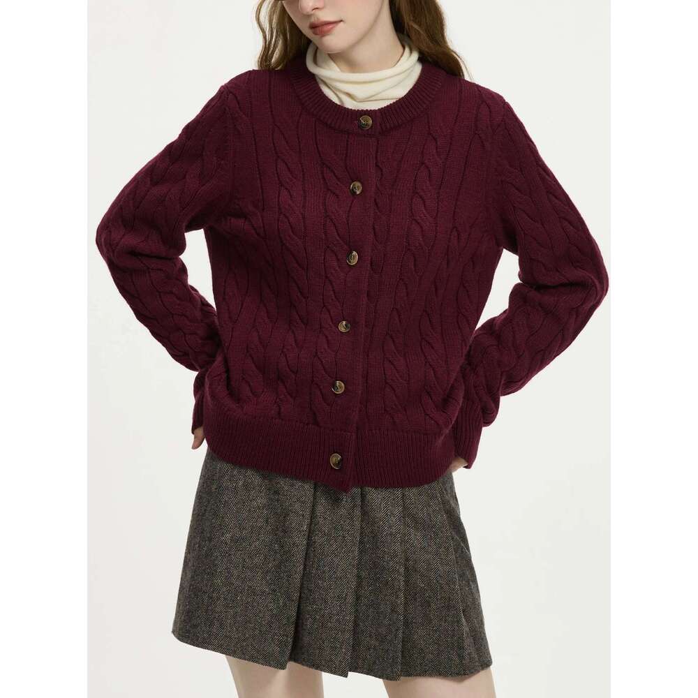 FSLE 13.3% Sheep Wool Black White Striped Twisted Knit Red Cardigan For Women 2024 Autumn Winter Warm Chic Sweater 24Fs14030