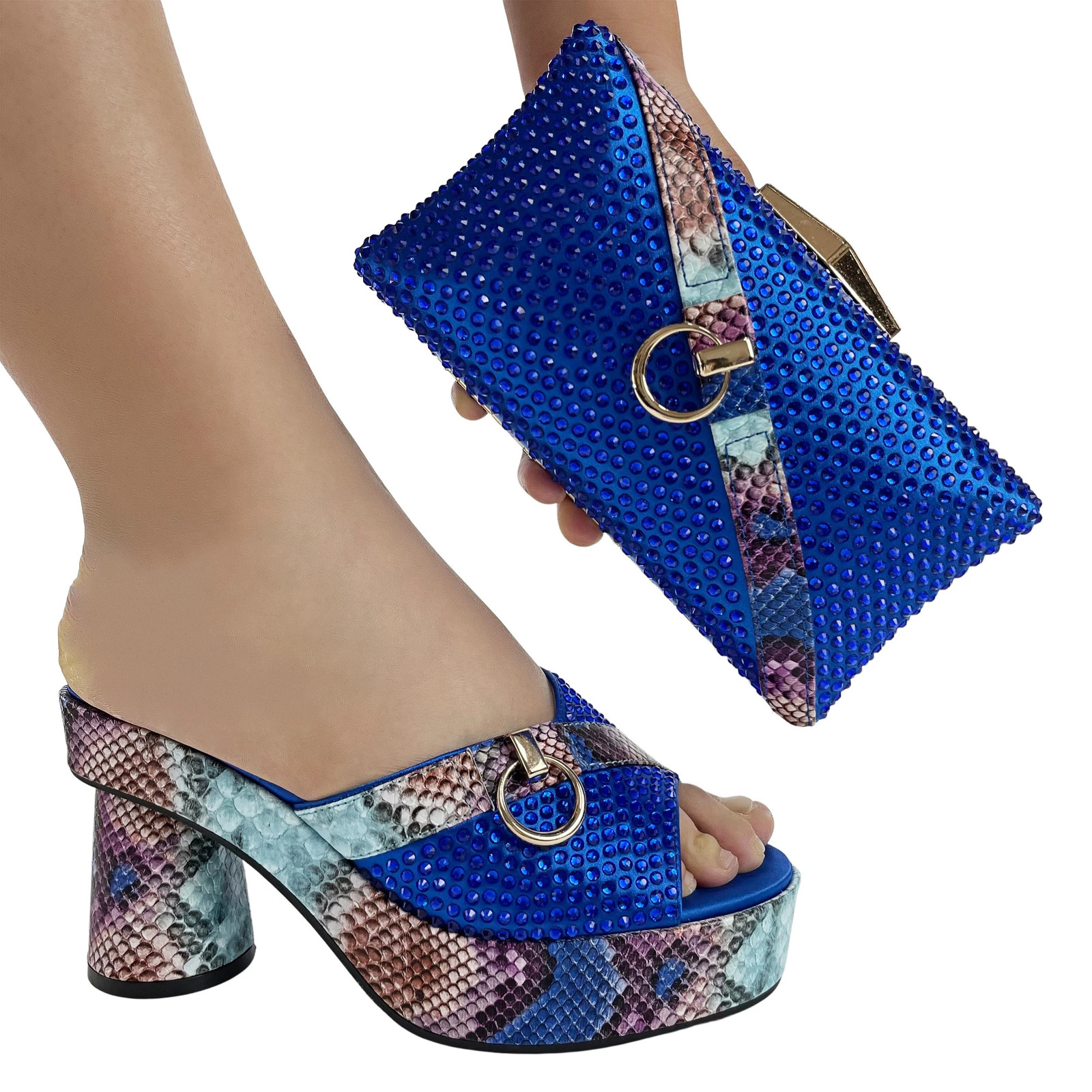 Top er shoe and bag matching set snake patterned sparkling sandals with wallet Wed Party high heels bag 241024