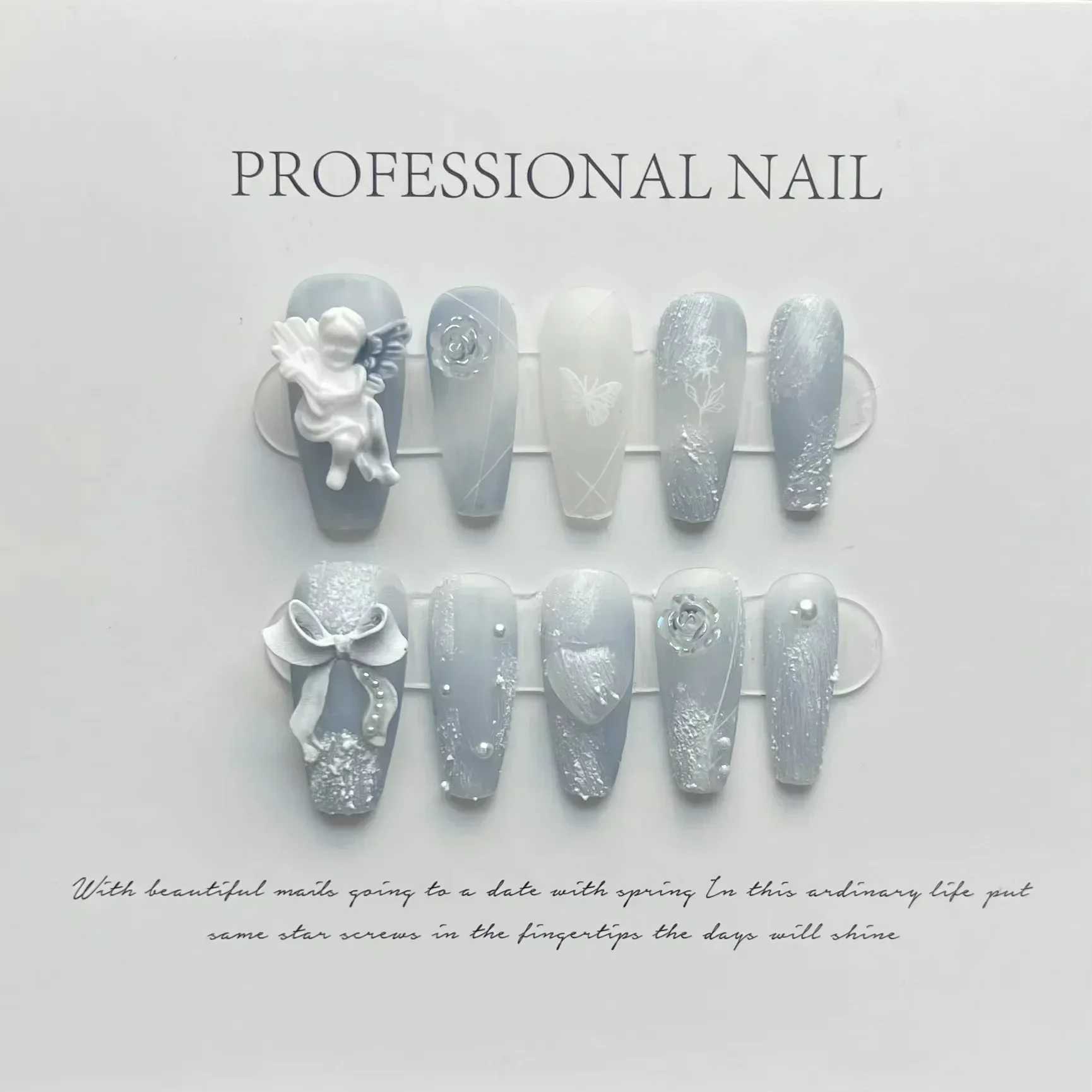 10pc Detachable Long Ballet Green False Nails with Camellia Butterfly Full Cover Press on Acrylic Nail Coffin Korean Style NailsXJ241025