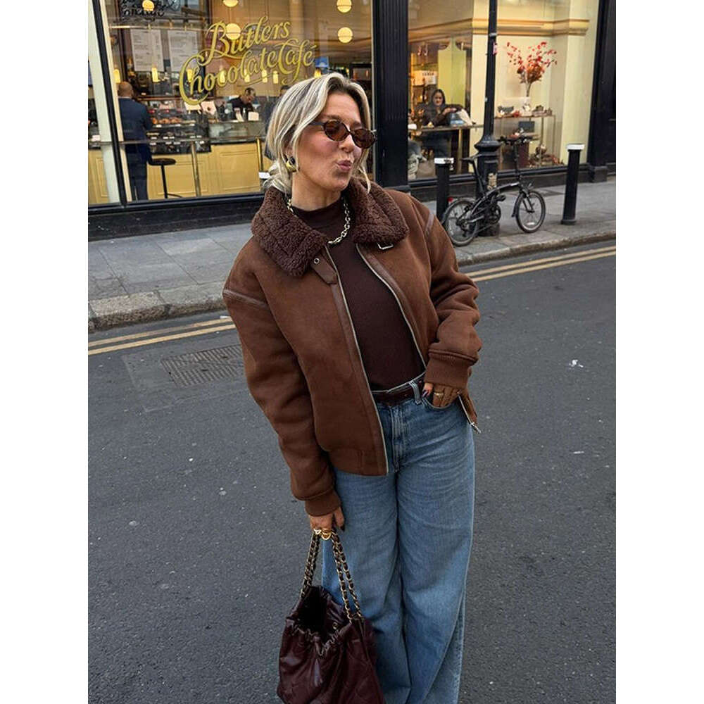 Chic Brown Adjustable Long Sleeve Wool Coat Warm Lapel Zipper Patchwork Faux Fur Short Jacket New Winter Female High Streetwear