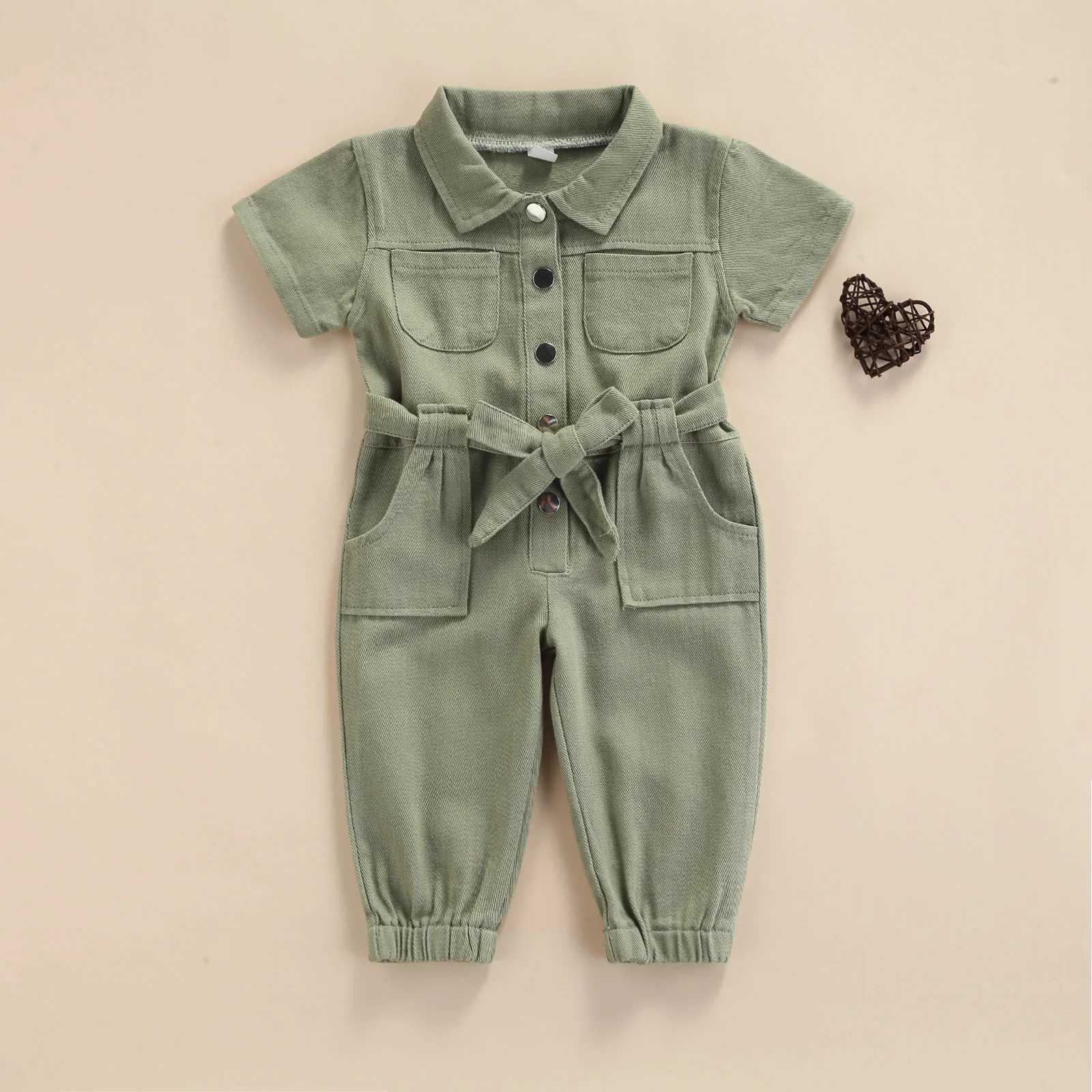 2021-05-05 Lioraitiin 1-5Years Toddler Baby Girls Casual Long Sleeve Jumpsuit Fashion Solid Lapel Pocket Single-breasted PantsXJ241025