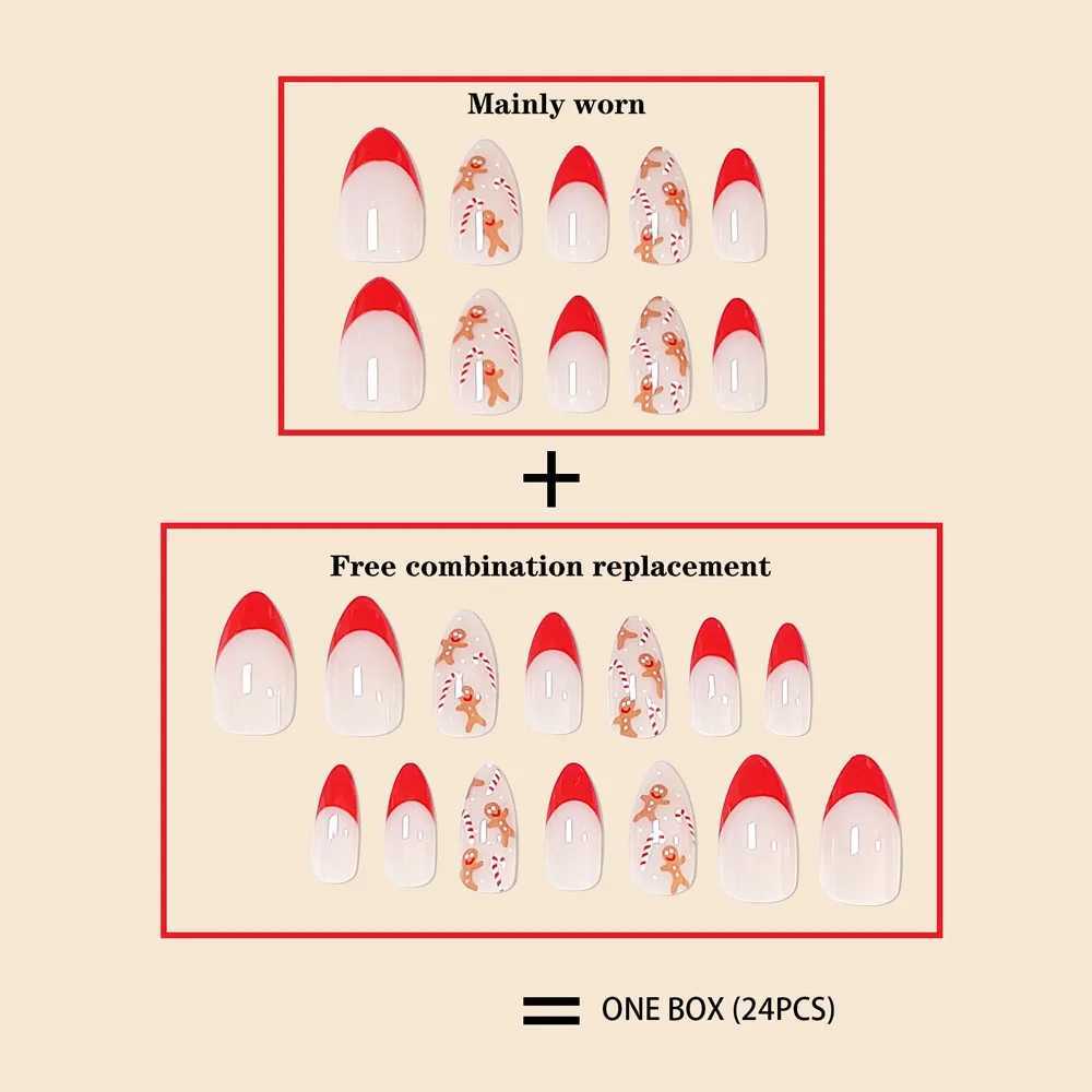 24Pcs Women Girls Medium Almond Red French Christmas Gingerbread Man Crutch Full Coverage Wearable Fake Nail Press on Nail ArtXJ241025