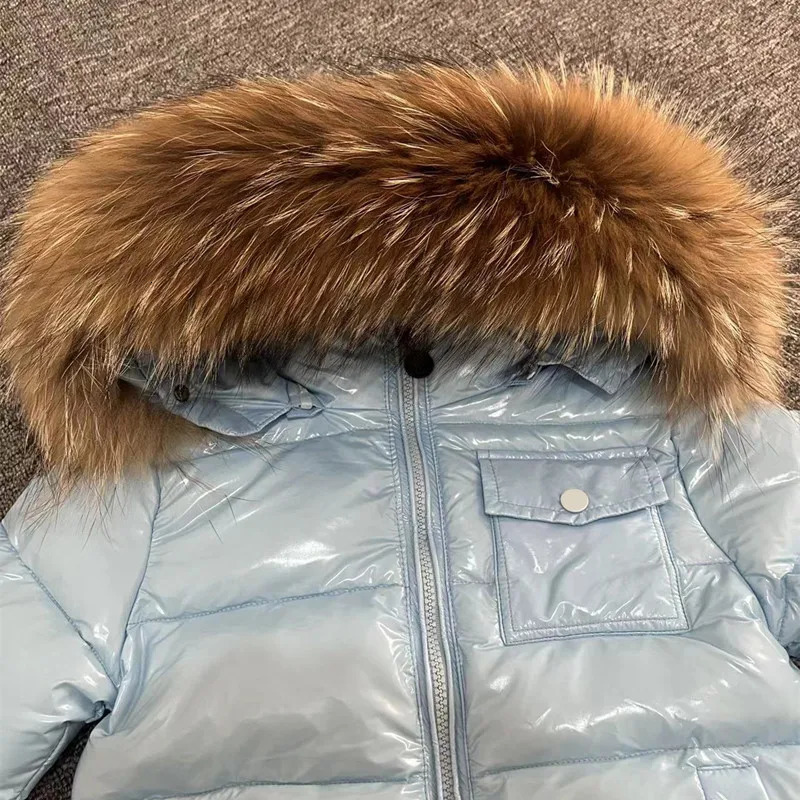 Childrens Winter Down Jacket Shiny Natural Fur Collar Childrens Boys Hooded Coat Baby Girls Warm Snow Clothes Childrens Park 241024