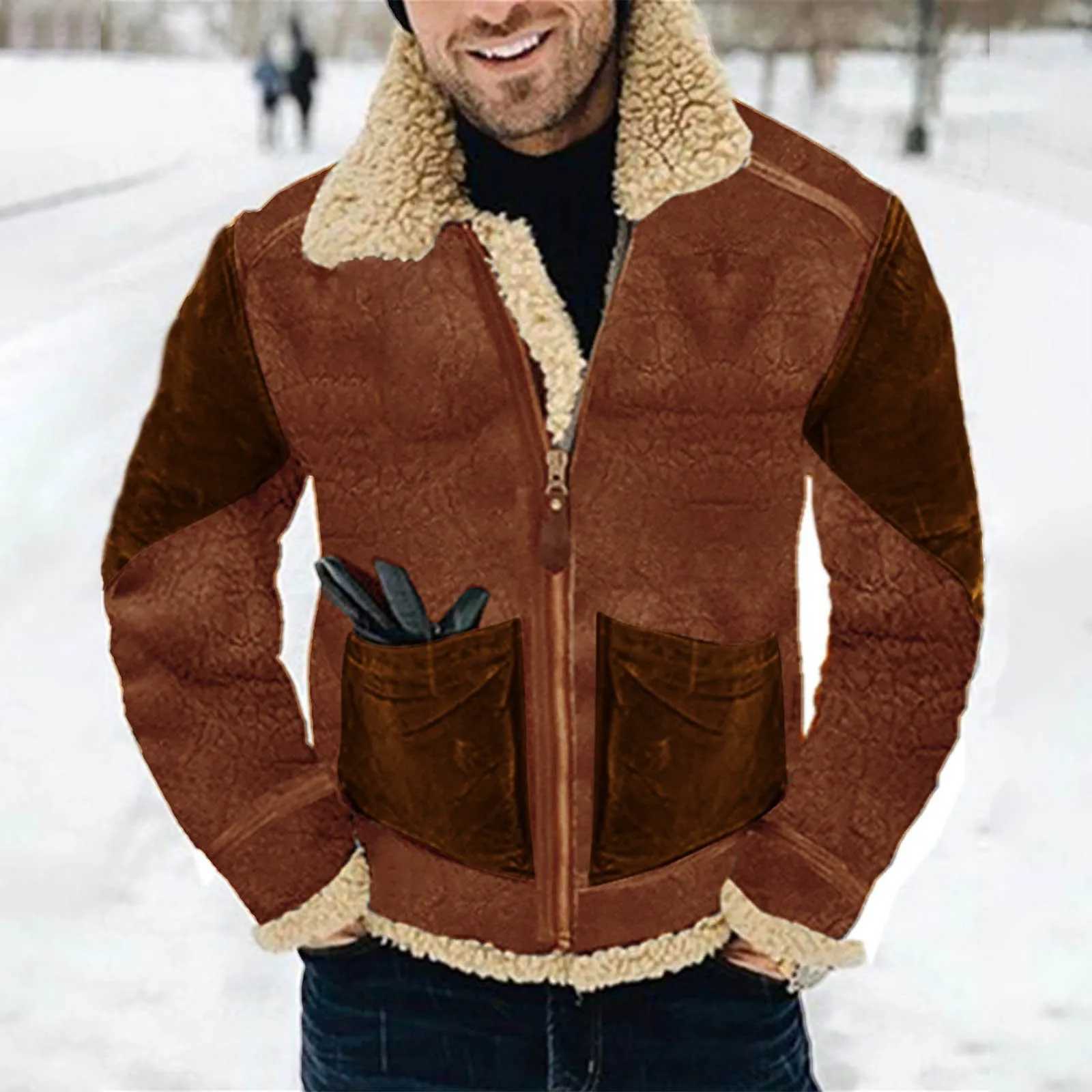 Mens thick suede jacket with warm lambswoo lining synthetic leather denim Gothic jacket bomber jacket winter hot coat new W241024