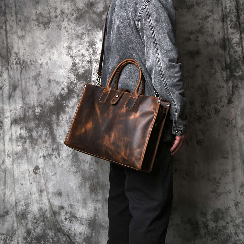 Vintage Genuine Men's Briefcase Natural Cowhide Handbag Crazy Horse Leather Computer Casual Crossbody Bag