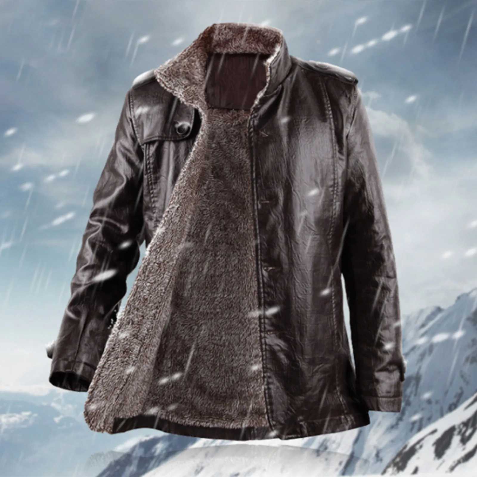 Mens thick plush lined leather jacket waterproof retro Parka jacket single chest oversized Lambswool lined jacket winter W241024