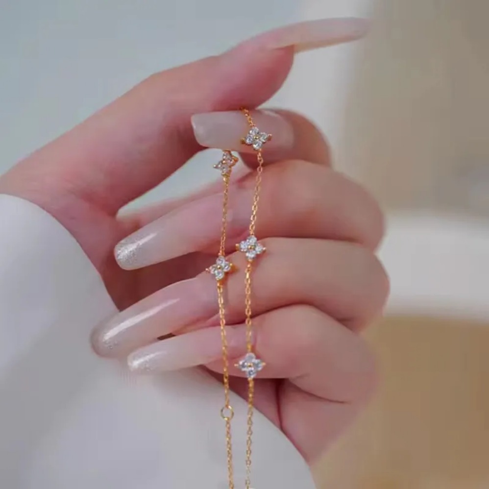 Dainty S Sterg Sier 14K Gold Plated Four Leaf Clover Bracelet For Women Wholesale Luxury Designer Bracelet Bangle Gold Brace