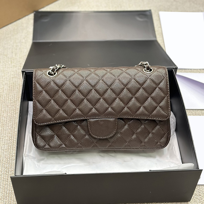 Caviar Leather CC Calfskin Chocolate Crown CF Shoulder Bags Classic Doule Flap Quilted Silver/Gold Metal Hardware Matelasse Chain Crossbody Handbags 26CM