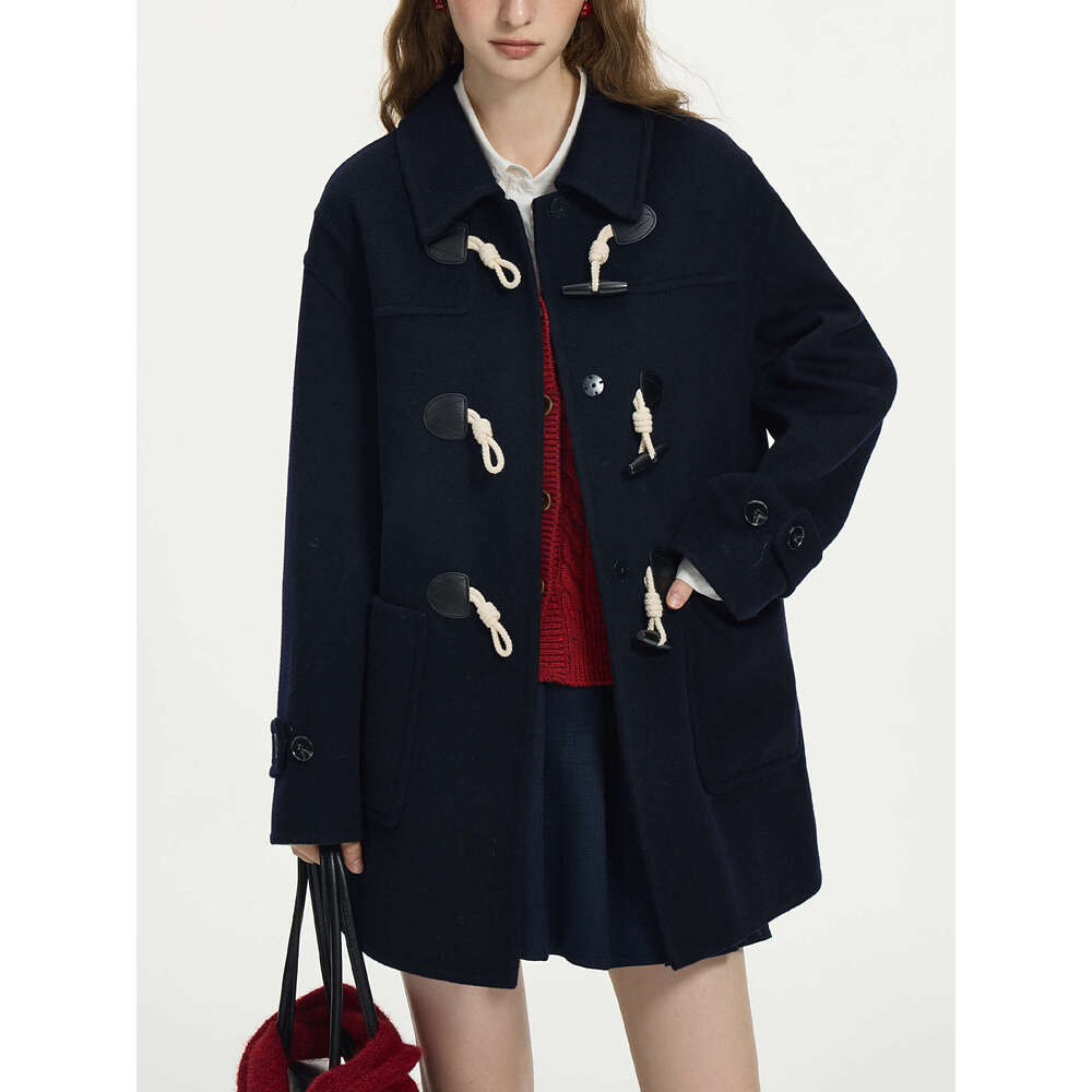 FSLE 100% Wool Two Color College Style Cowl Button Reversible Tweed Coat For Women 2024 Winter New Design Casual Jacket24fs14239