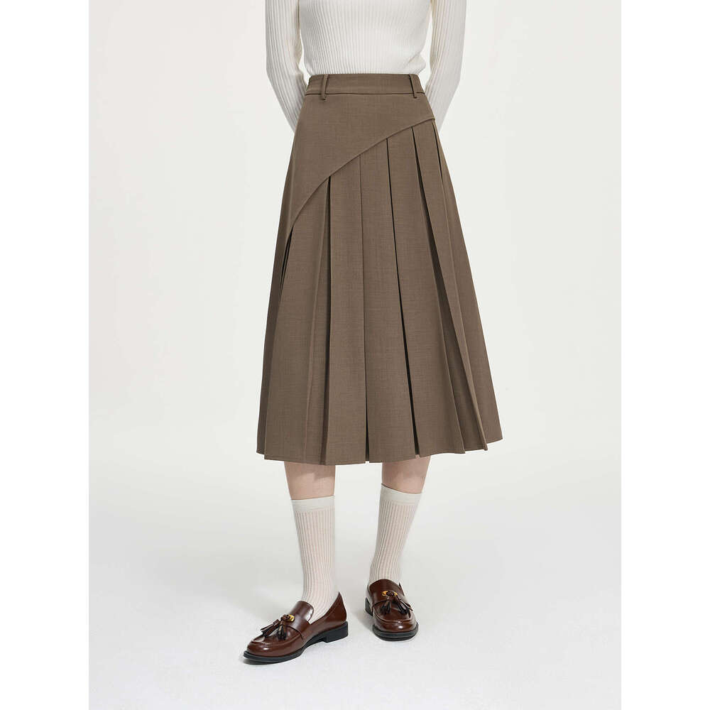 FSLE Women Skirts Asymmetric Design Female Brown Pleated A-E Winter Thicken Long Twill Skirt 24Fs14622