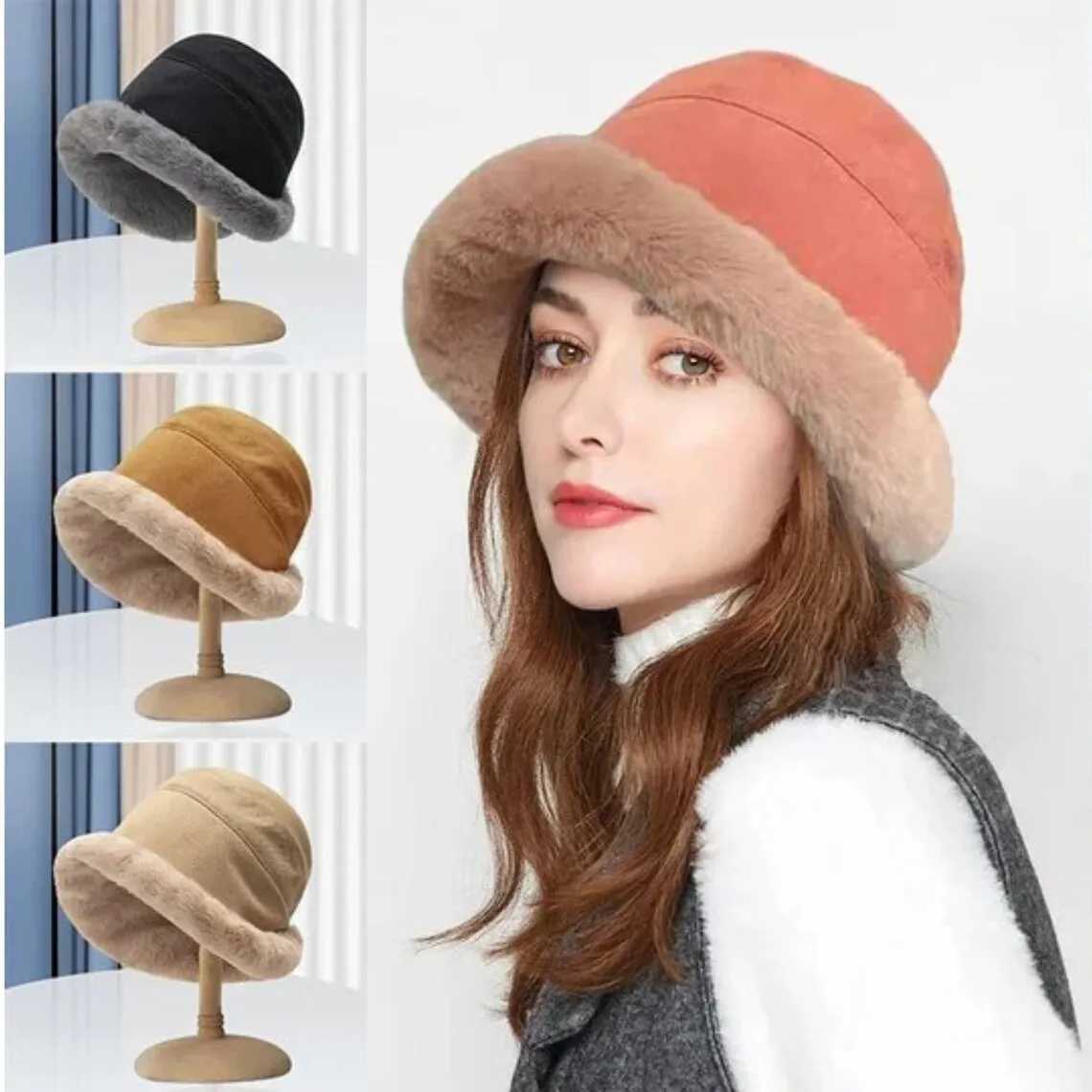 Fashion Fluffy Fur Bucket Hat for Women Winter Thick Warm Soft Plush Fisherman Panama Cap Femme Vintage Lamb Fleece Beanies HatsX241025