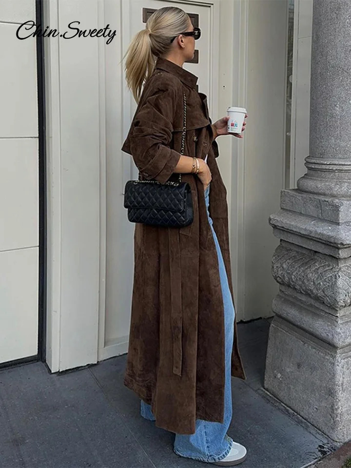 Elegant suede long trench coat womens waistband double chest full sleeves brown windproof machine autumn womens street coat 241024