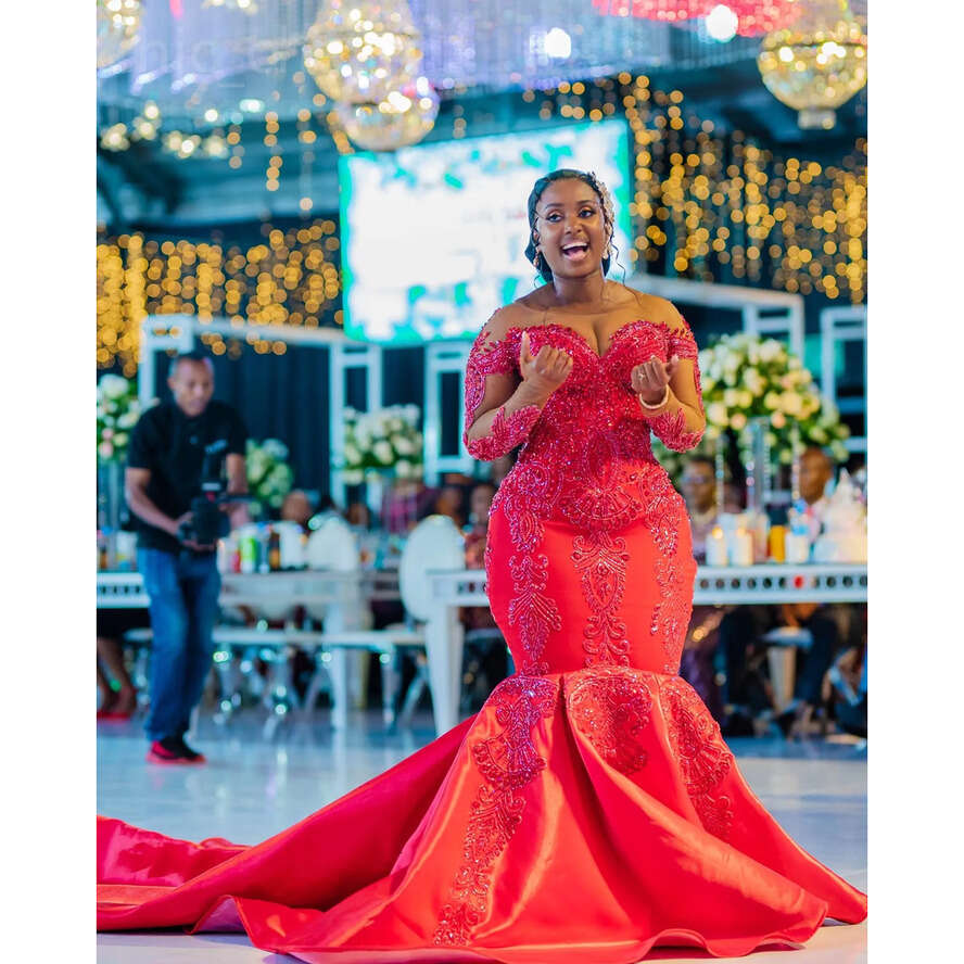 Aso Red Ebi Urious Mermaid Prom Dress Beaded Crystals Lace Evening Formal Party Second Reception Th Birthday Engagement Gowns Dresses Robe De Soiree E