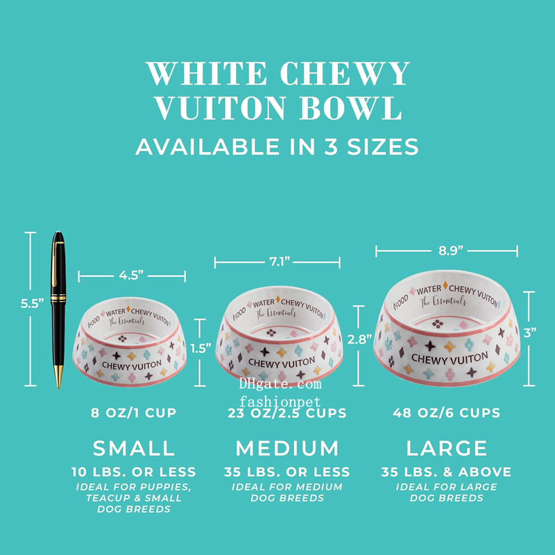 Designer Dog Bowls and Placemat, Dog Food Water Bowls, Food Grade BPA Free, Non-Skid Bottom Dishwasher Safe, Dog Food Mat Included, White 23oz J01