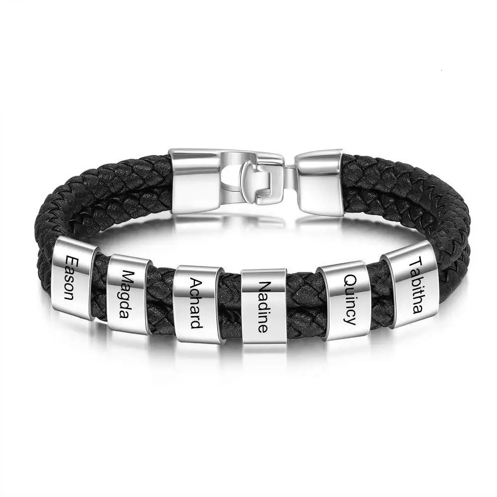 Customized Family Name Bead Bracelet Mens Personalized Carving Bracelet Black Leather Stainless Steel Bracelet Fathers Day Gift 241025
