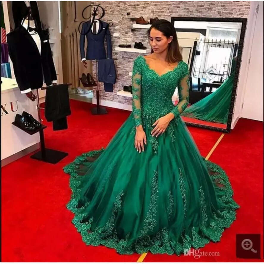 Arabic A Green E Evening Dresses Modest V Neck Sheer Long Sleeves Sweep Train Robe De Soiree Formal Prom Dress Vening