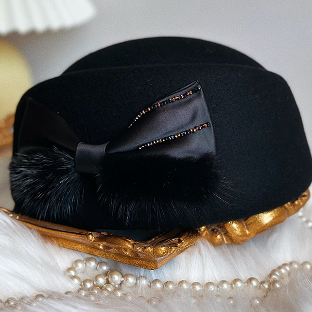 Concave beret, children's autumn and winter top mink fur bow, felt hat, flight attendant hat