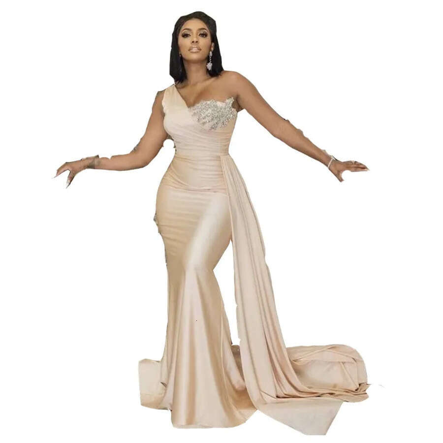 Dresses Champagne Bridesmaid One Shoulder Mermaid For Weddings Plus Size Long Crystal Beads Formal Maid Of Honor Gowns Wedding Guest Wear Mal 0629