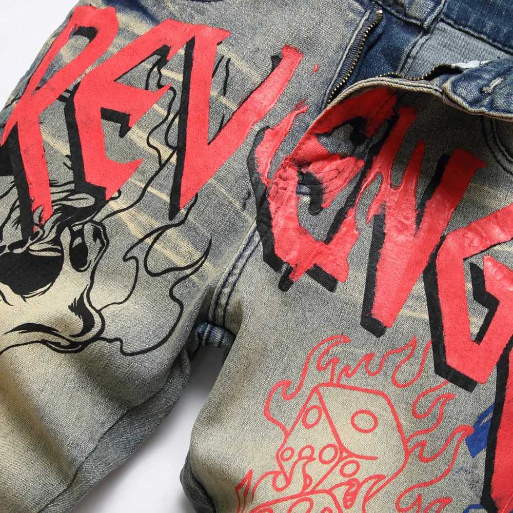 Mens graffiti printed stretch denim jeans flame skeleton devil paint ultra-thin tapered pants T-shirt retro pocket cargo cart X241026