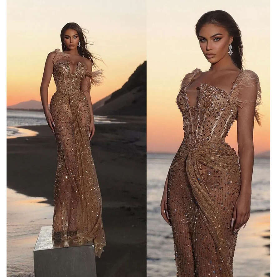 Straps Feathers Spaghetti Prom Illusion Sleeveless Sequined Party Dresses Ruched Or Length Custom Made Evening Dress