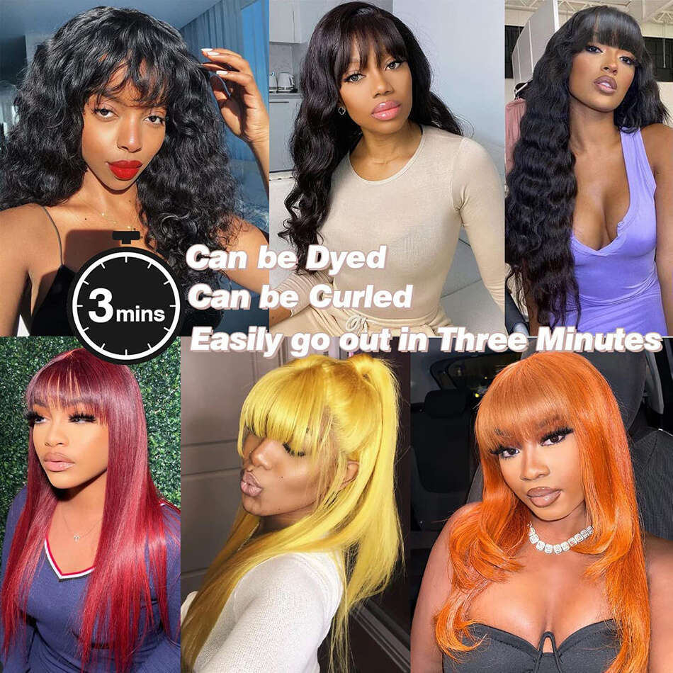 Wiggogo X Middle Part Lace Wig Bone Straight Human Hair With Bangs Full Machine Made Wigs For Women