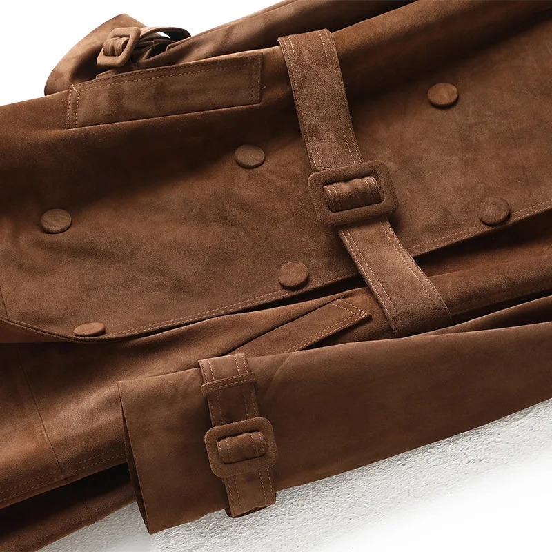 100% leather jacket with length autumn and winter office womens windproof trench coat suede coat 241024