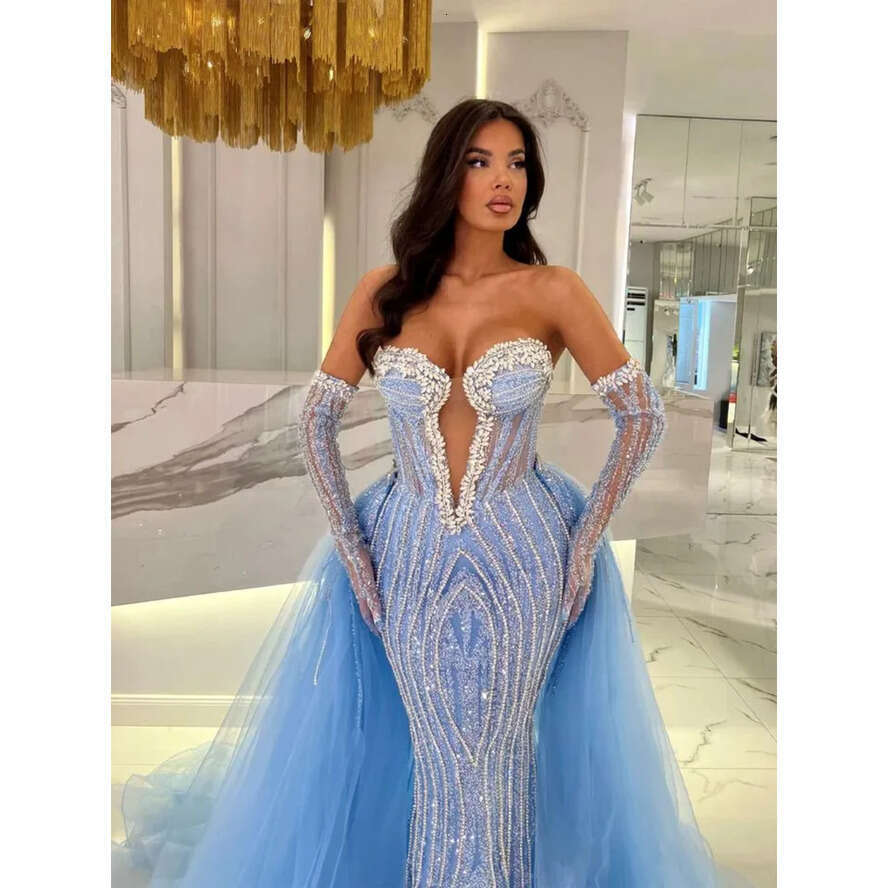 Crystal Baby Blue Mermaid Evening Elegant With Detachable Train Illusion Sweetheart Beaded Prom Dress Formal Dresses For Women Es
