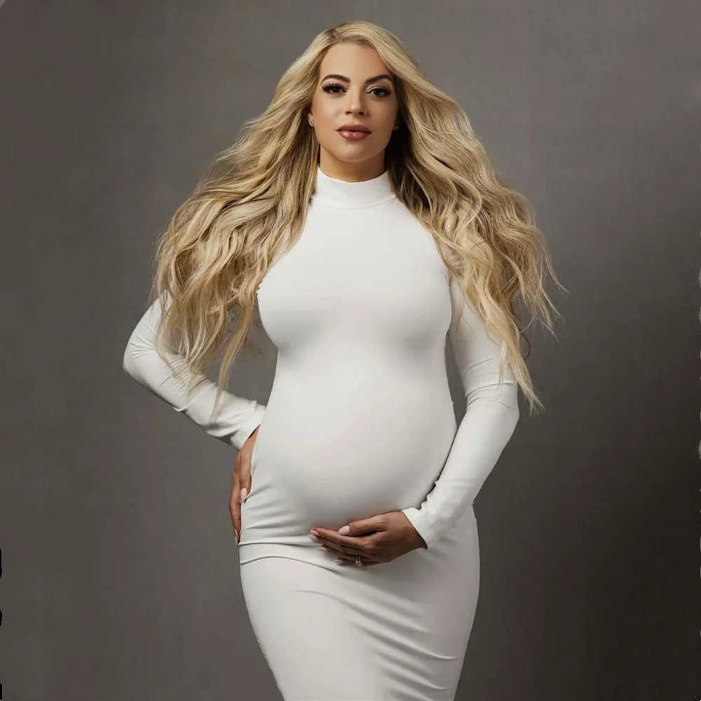 High neck full sleeved tight fitting dress for pregnant women used in photography stretch long dress for pregnant women W241026