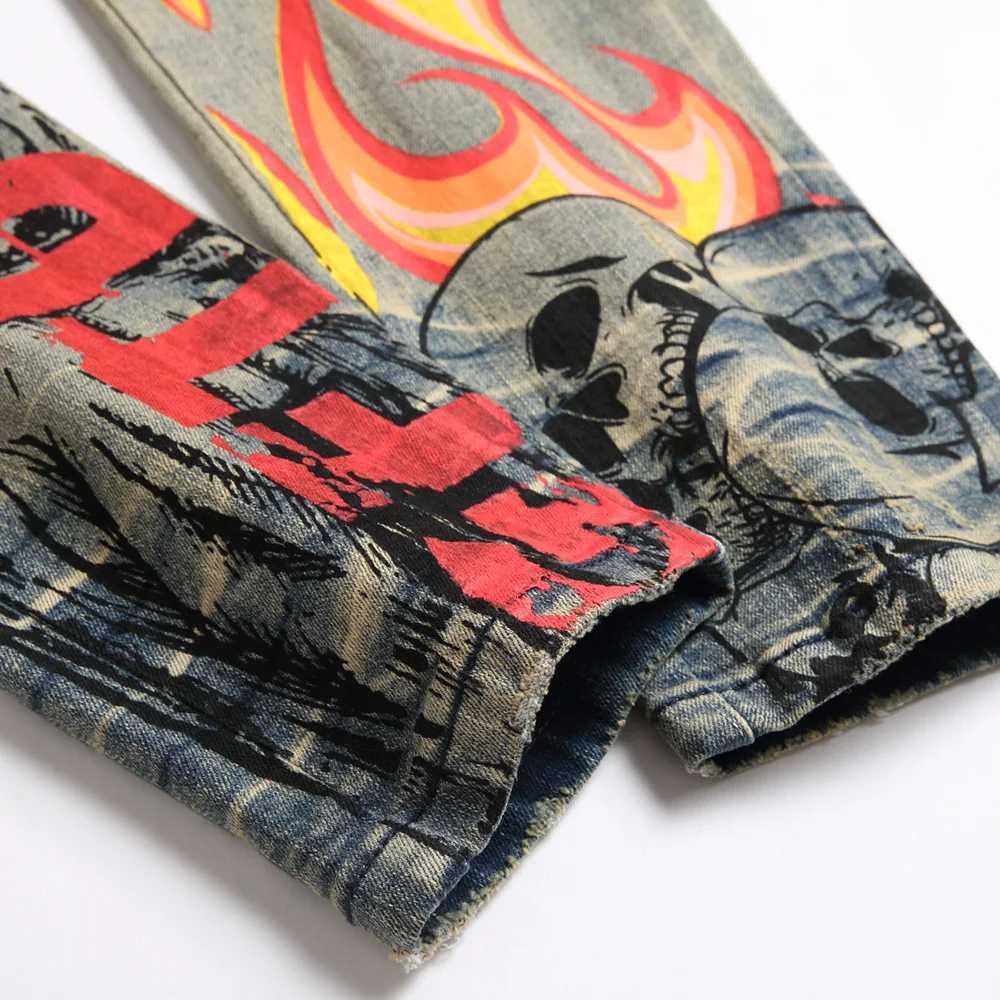 Mens graffiti printed stretch denim jeans flame skeleton devil paint ultra-thin tapered pants T-shirt retro pocket cargo cart X241026