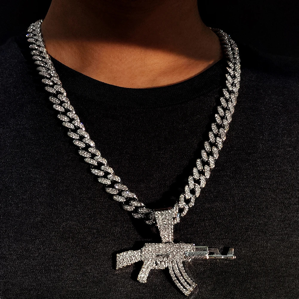 Hip Hop Mens AK47 Submachine Gun Pendant Necklace Gold Silver Ice Crystal Cuban Chain Necklace Jewelry 241025