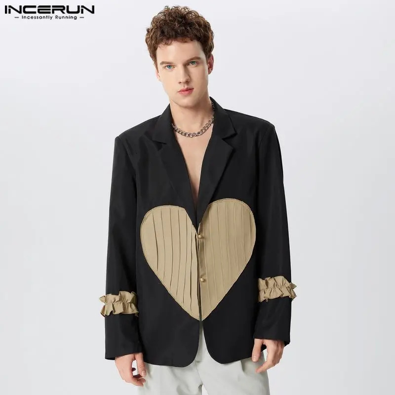 INCERUN Tops American style mens heart-shaped patchwork pattern sports jacket casual club wear mens long sleeved set Coats S-5XL 241024