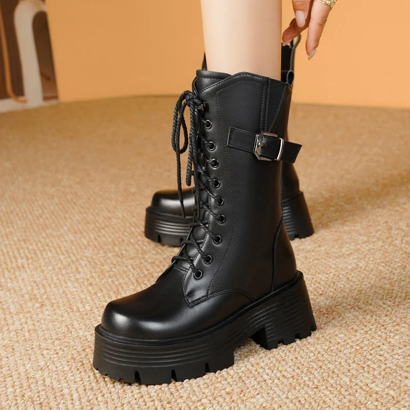 Snow Boots Female Genuine Leather New High Heel Platform Women Ankle Boots British Style Natural Wool Warm Women Winter Boots