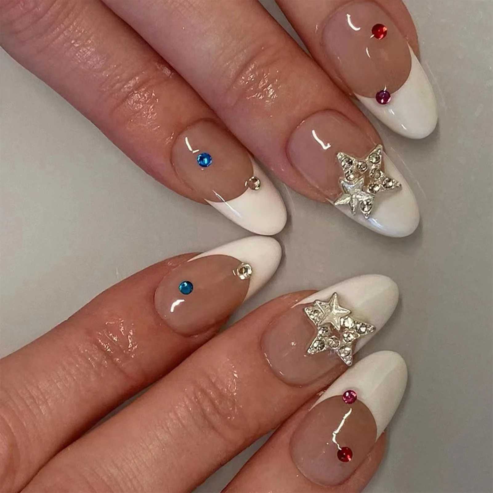 24pcs Almond Imprinted Nail Y2K Star Diamond Design Cool Girl Nude Color Fake Nail Full Set Fake Nail Tip W250410