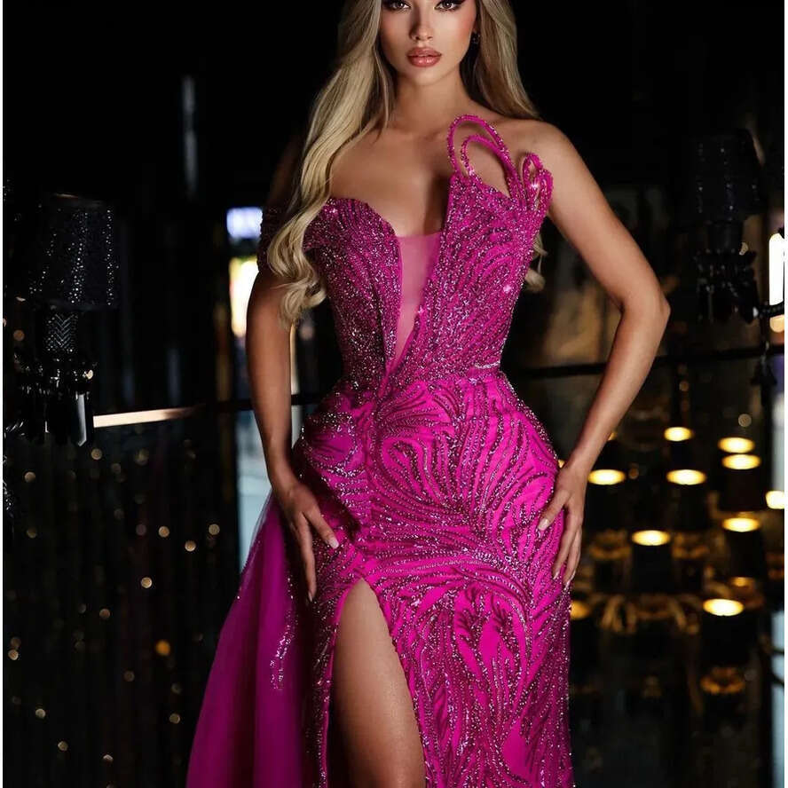 Pink Rose Mermaid Evening V Neck Appliques Sequins Or Length D Lace Side Slit Beaded Sparkly Prom Dress Formal Plus Size Dresses For Special Ocns