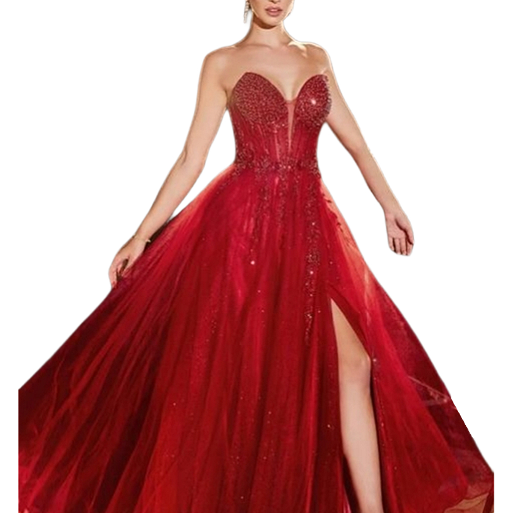Beaded A Line Prom Dresses Side Split Long Dark Red Tulle Evening Gowns For Women 2025 Sleeveless Sweetheart Neckline Back Lace-Up Corset Pageant Part