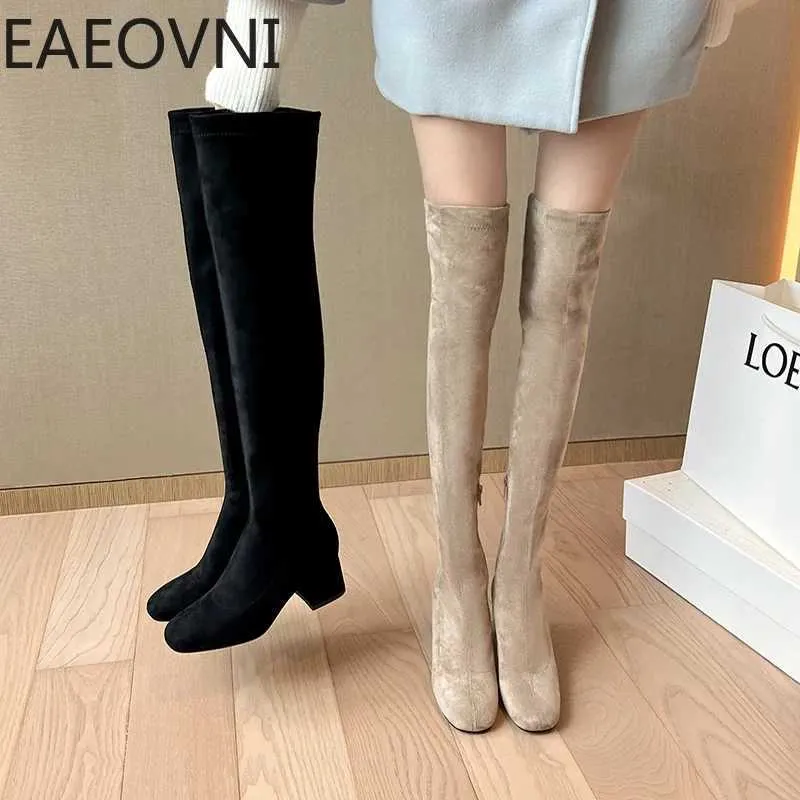 Stretch Cloth Long Women Fashion Slip On Square Heel Over The Knee High Boots Winter Shoes Ladies Elegant Mordern Booties H240709
