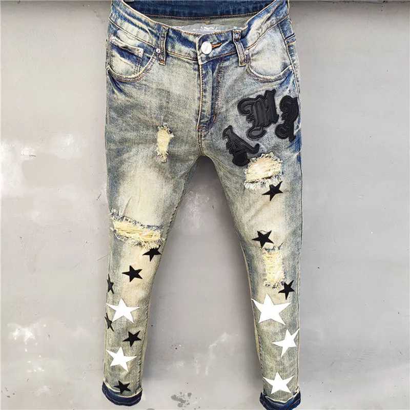 High Quty Men Jean Hole Patch Fashion Versatile Ripped Jeans Stretch Pencil Pant Strtwear Elastic Hip Hop Star Pattern Jean X250129