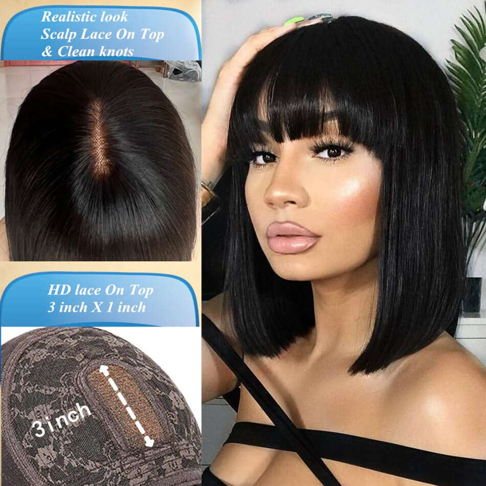 Wiggogo X Middle Part Lace Wig Bone Straight Human Hair With Bangs Full Machine Made Wigs For Women