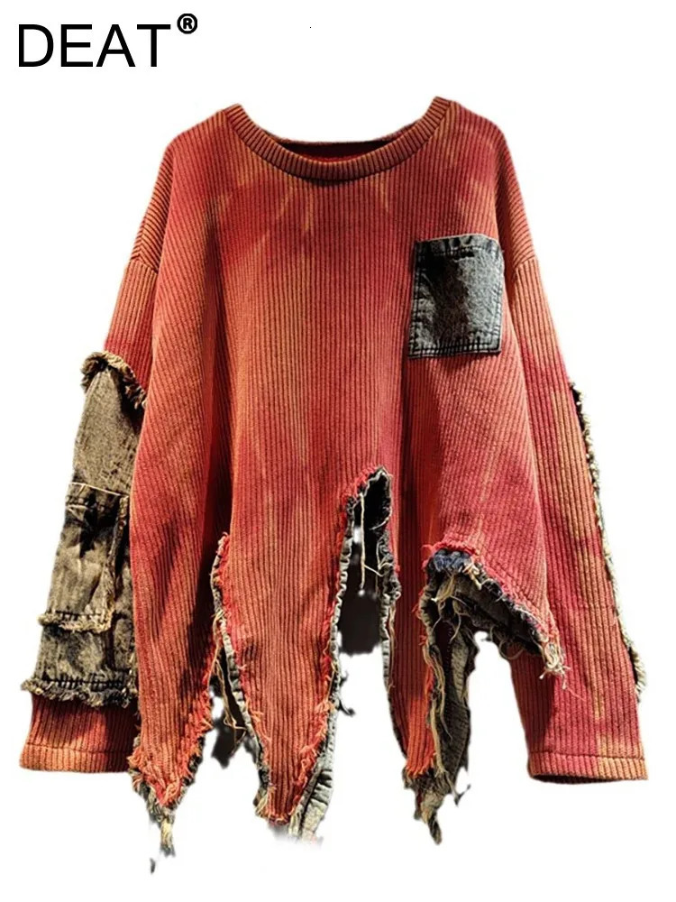 DEAT Womens Pullover Long Sleeve Tiedye Irregular Do Old Patchwork Vintage Loose Denim Sweater 2024 Autumn Fashion 29L8194 241025