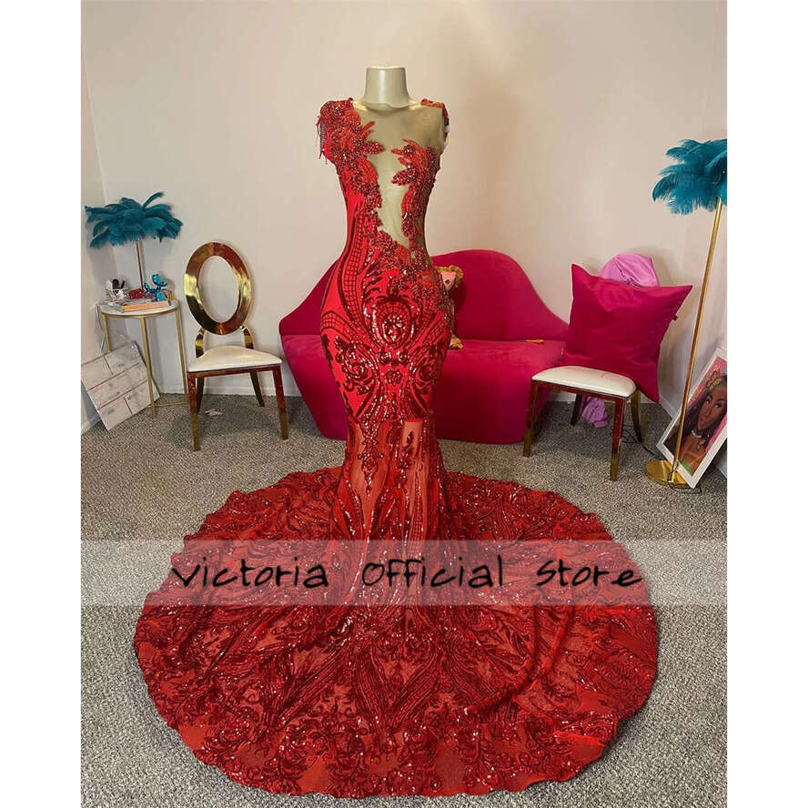 Gorgeous Red Sequined Lace Crystal Prom Blackgirl Mermaid Party Dress Women Elegant See Thru Formal Gowns