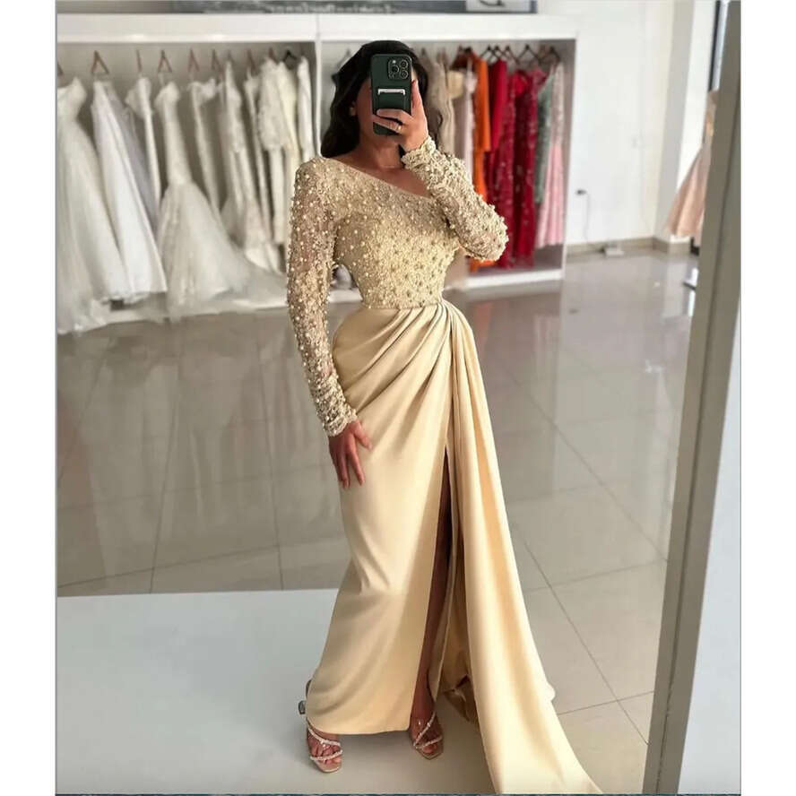 Pearls Evening Gorgeous Elegant V Neck Long Sleeves Prom Dress Split Vestidos De Gala Pleats Side Train Formal Dresses For Women Estidos Es