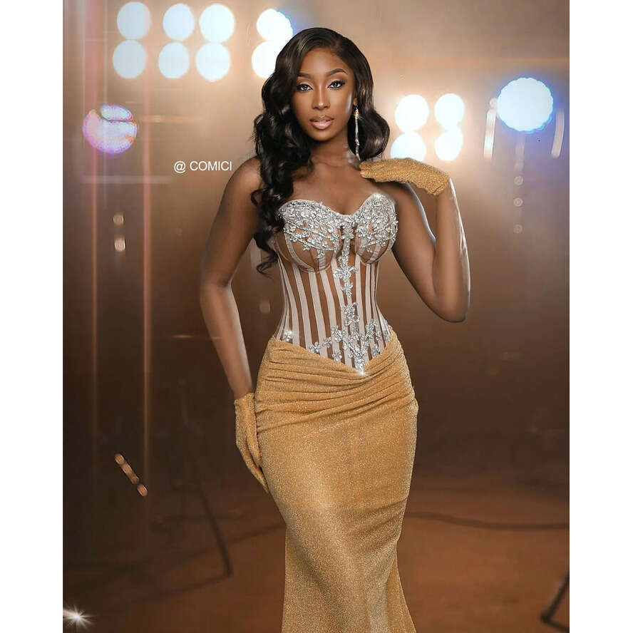 Size 2024 Plus Gold Mermaid Prom Dresses Beaded Crystals Sequined Evening Formal Party Second Reception Birthday Engagement Celebrity Gowns Dress Zj97